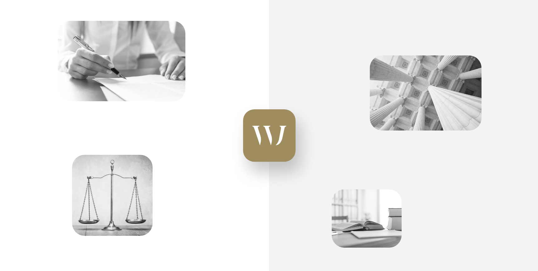 Golden WJ logo surrounded by legal stock images for law firm WJ